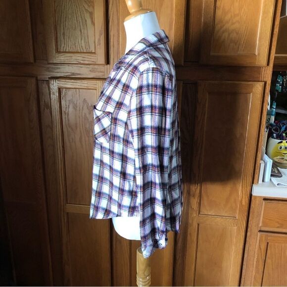 Anthropologie Cloth & Stone Blue Plaid Button Metallic Flannel Top - L - Picture 6 of 11